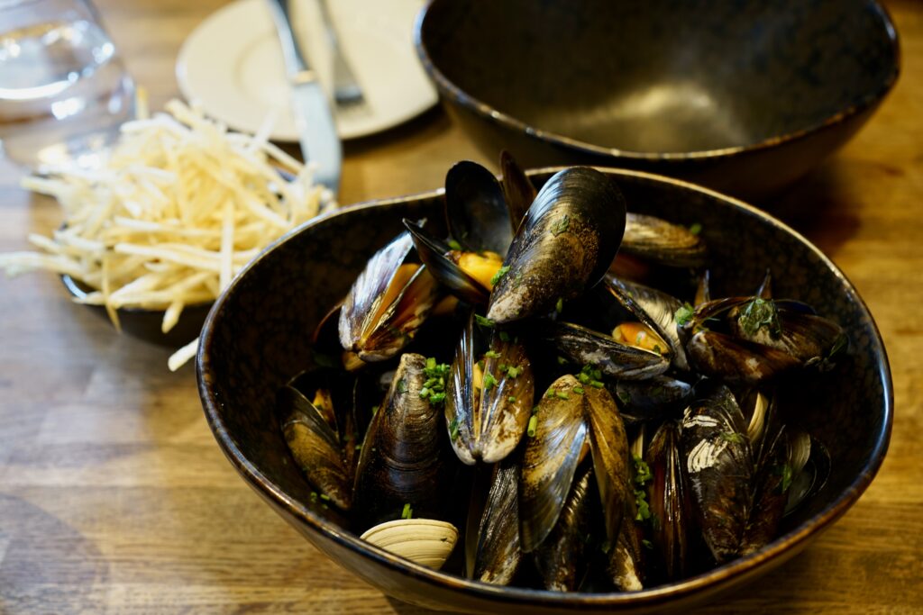 Mussels with french fries in the background