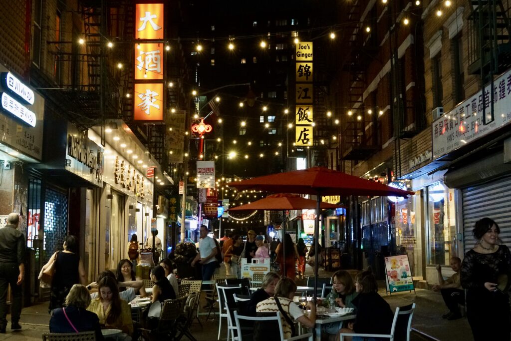 String lights and lit-up signs in Chinatown at night