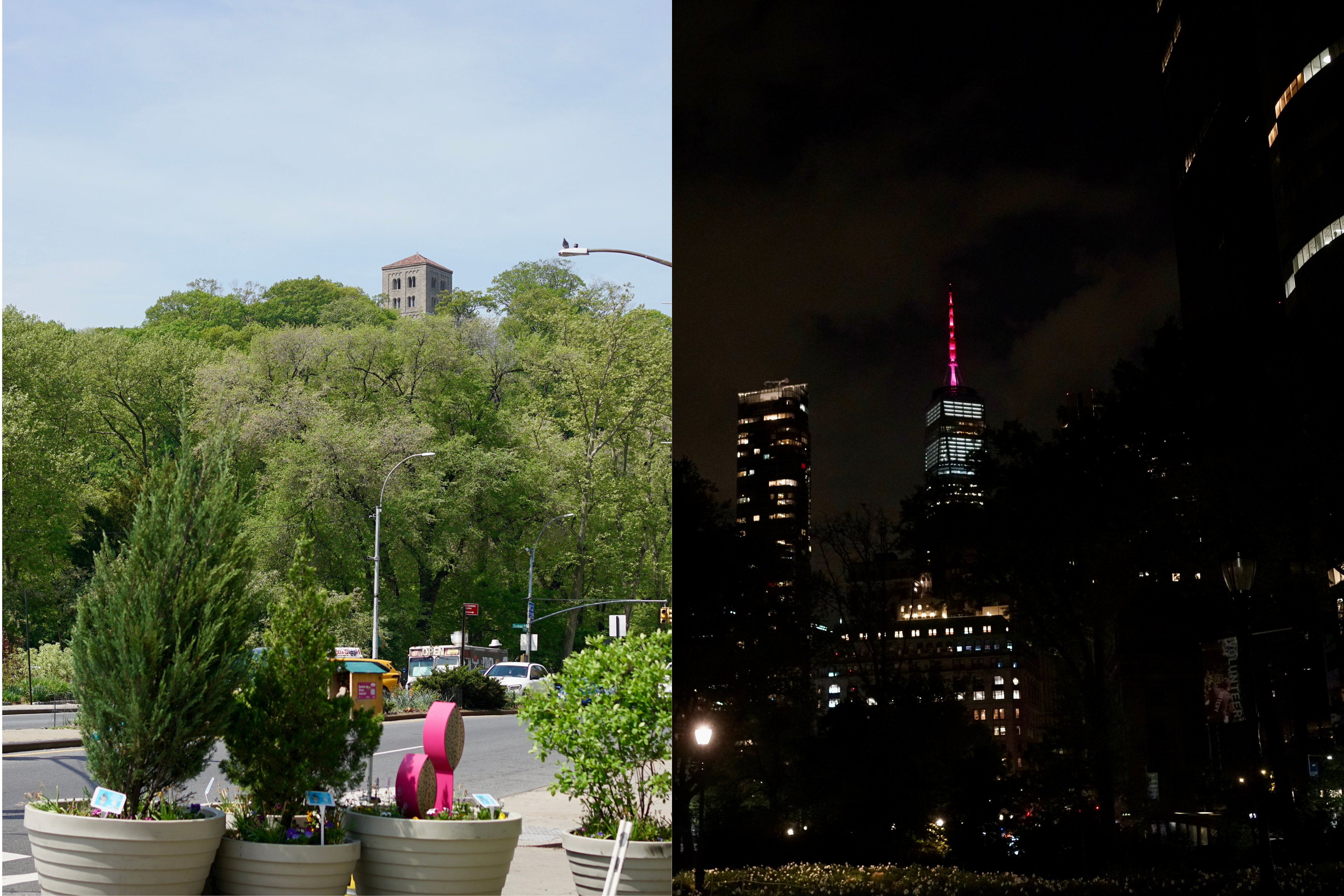 A split photo of a view of the Met Cloisters at Dyckman Street on the left and the World Trade Center on the right