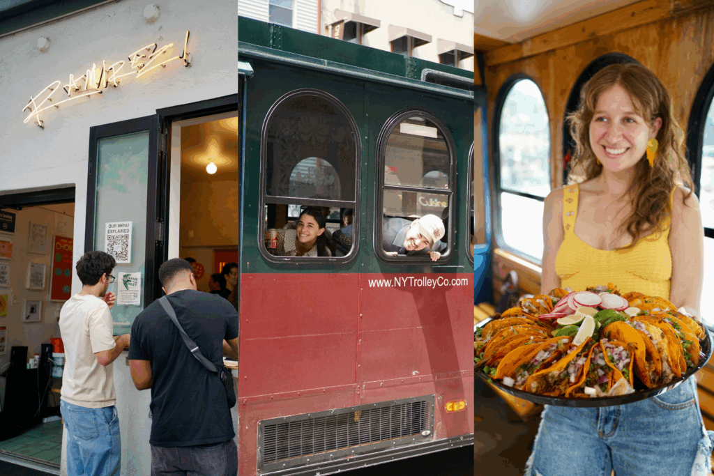 Three images: two men eat outside of Taqueria Ramirez, two friends poke their head out of a trolley, a woman holds a plate of birria tacos