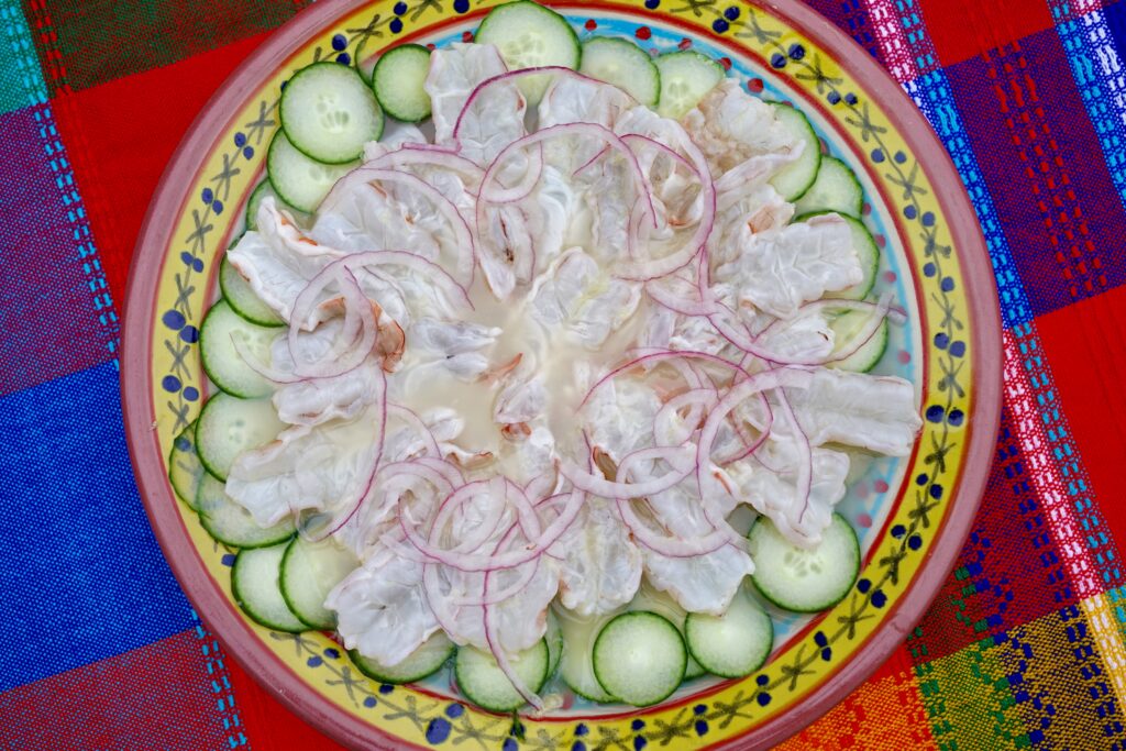A plate of aguachile on a colorful Mexican tablecloth