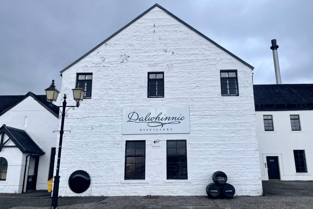 The white brick exterior of a scotch whisky distillery