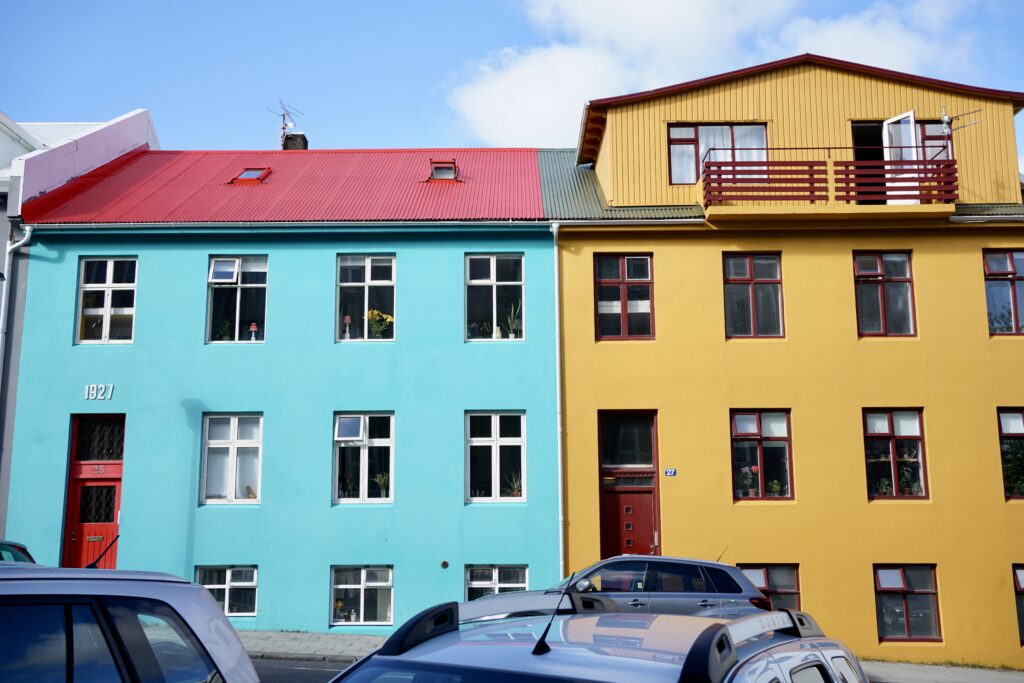 A teal and yellow house in Reykjavík