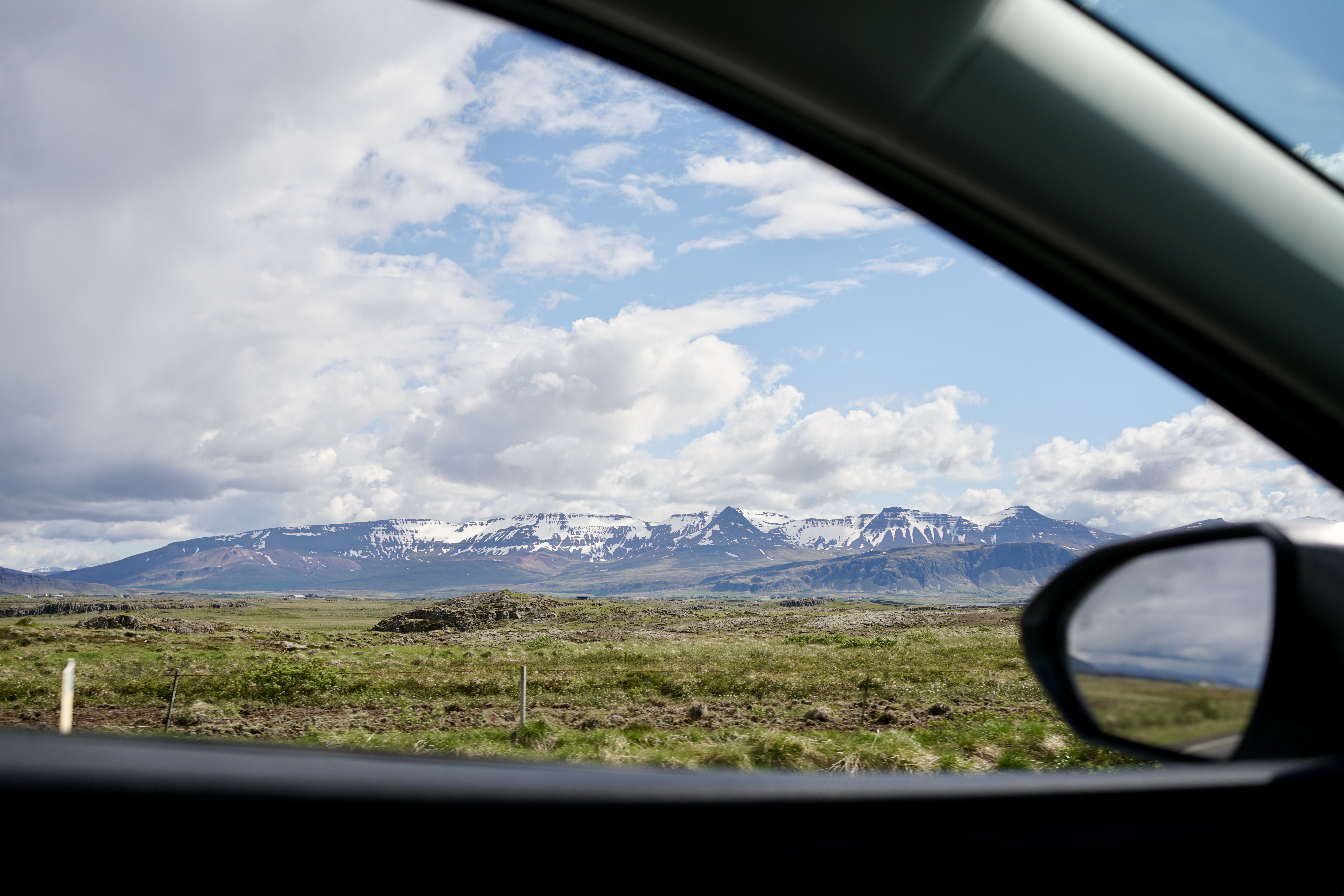 A glacier outside of a car window