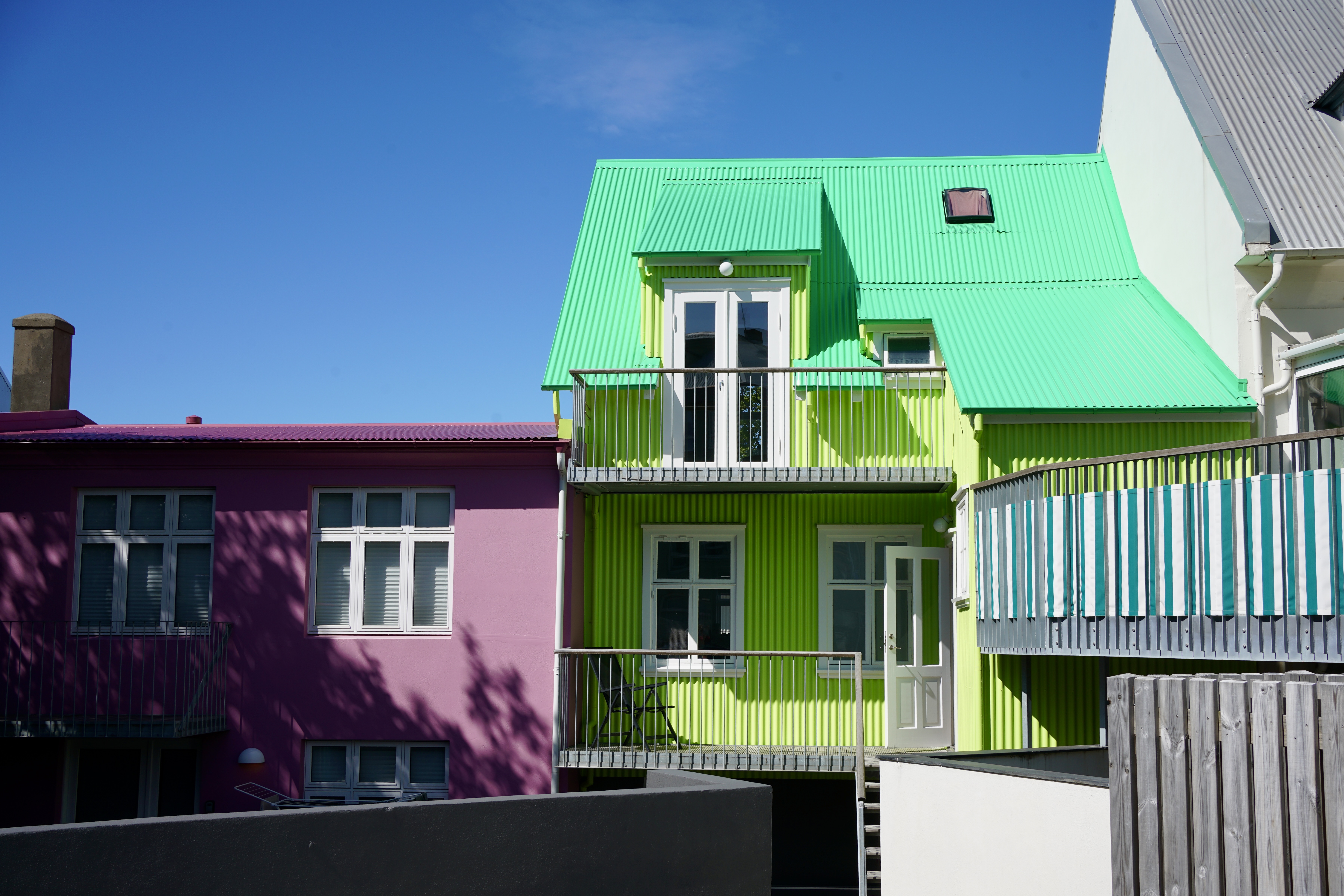 Green and purple buildings