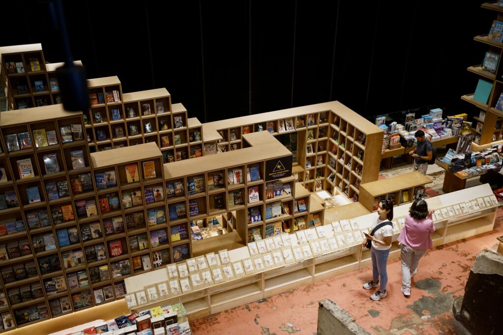 A bookstore with interesting wooden bookshelves