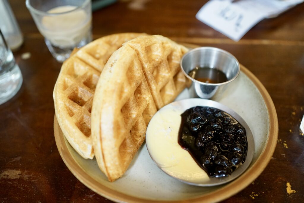 belgian waffles with blueberry compote
