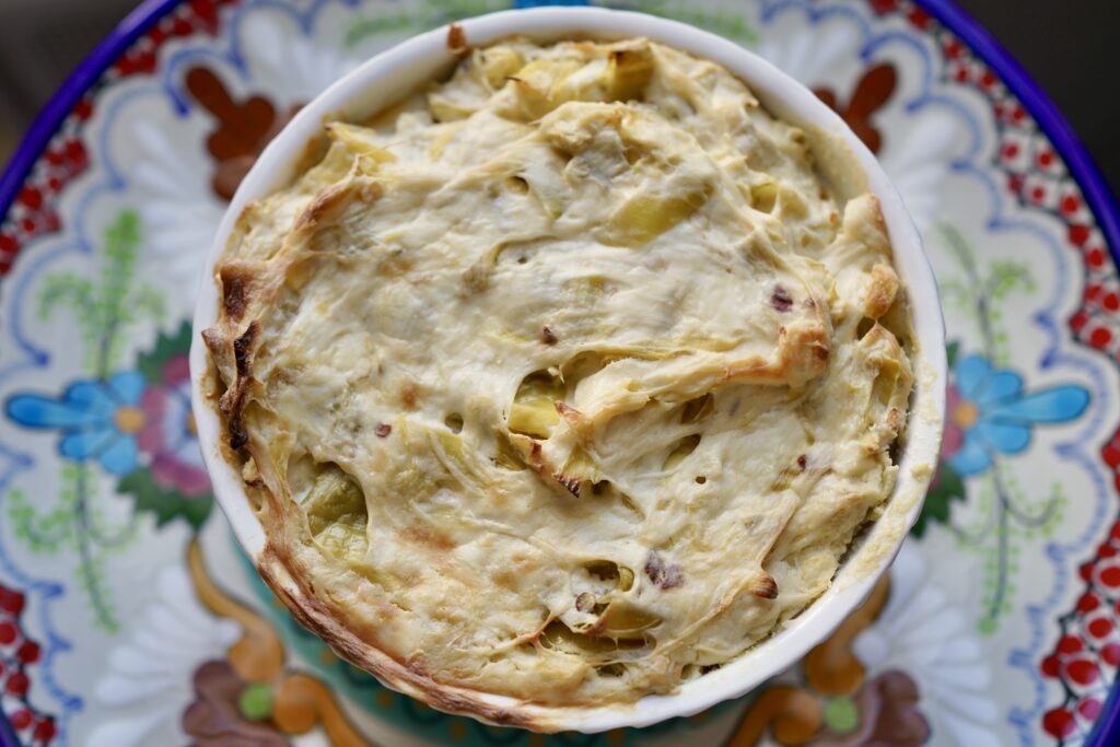 artichoke dip in an oven safe dish