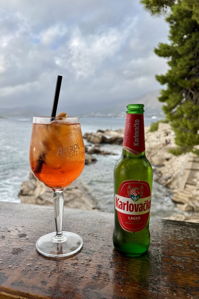 aperol spritz and beer at a beach bar in Croatia