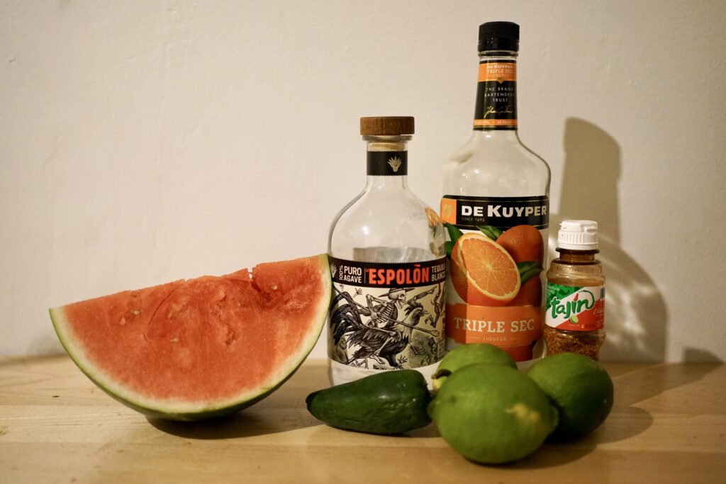watermelon, limes, jalapeño, tequila, triple sec, tajin